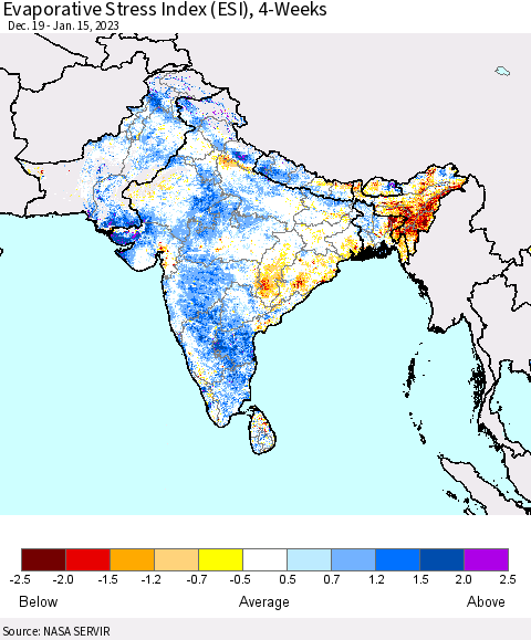 Southern Asia Evaporative Stress Index (ESI), 4-Weeks Thematic Map For 1/9/2023 - 1/15/2023
