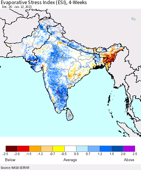 Southern Asia Evaporative Stress Index (ESI), 4-Weeks Thematic Map For 1/16/2023 - 1/22/2023