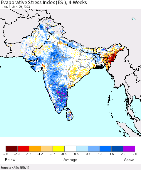 Southern Asia Evaporative Stress Index (ESI), 4-Weeks Thematic Map For 1/23/2023 - 1/29/2023