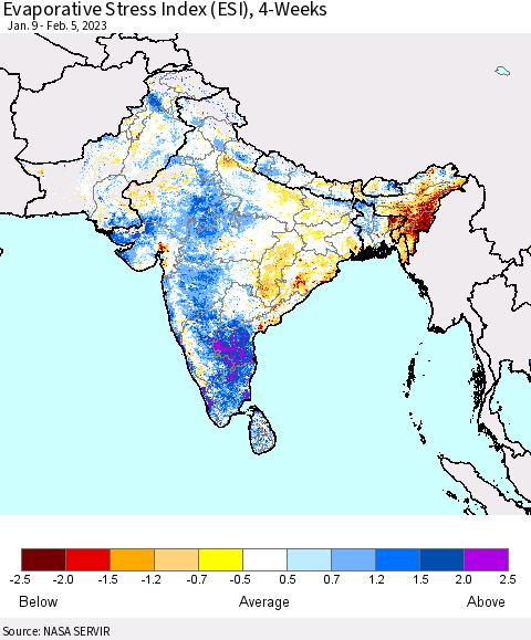 Southern Asia Evaporative Stress Index (ESI), 4-Weeks Thematic Map For 1/30/2023 - 2/5/2023