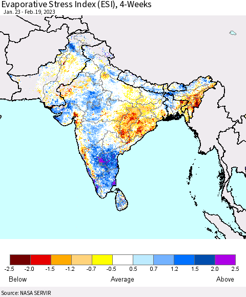 Southern Asia Evaporative Stress Index (ESI), 4-Weeks Thematic Map For 2/13/2023 - 2/19/2023