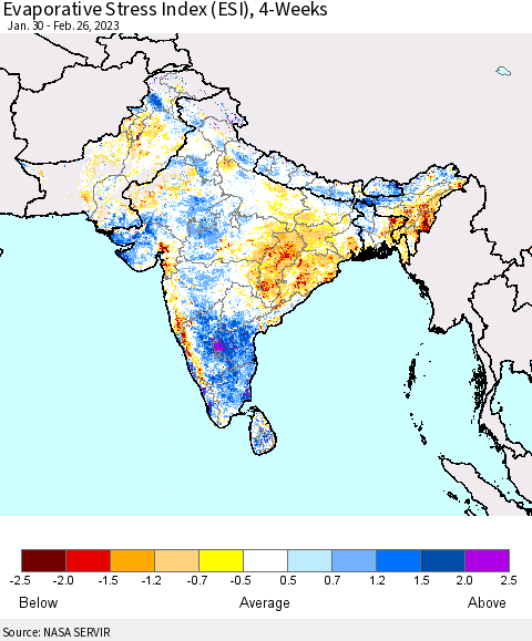 Southern Asia Evaporative Stress Index (ESI), 4-Weeks Thematic Map For 2/20/2023 - 2/26/2023