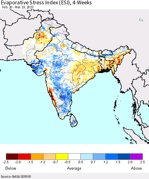 Southern Asia Evaporative Stress Index (ESI), 4-Weeks Thematic Map For 3/13/2023 - 3/19/2023