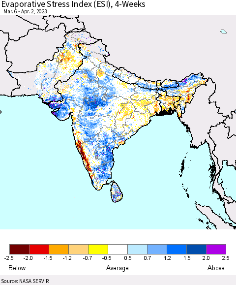 Southern Asia Evaporative Stress Index (ESI), 4-Weeks Thematic Map For 3/27/2023 - 4/2/2023