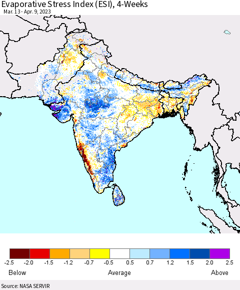 Southern Asia Evaporative Stress Index (ESI), 4-Weeks Thematic Map For 4/3/2023 - 4/9/2023