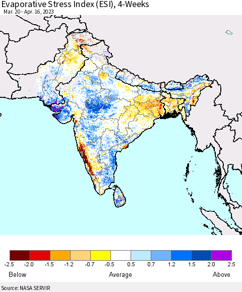 Southern Asia Evaporative Stress Index (ESI), 4-Weeks Thematic Map For 4/10/2023 - 4/16/2023