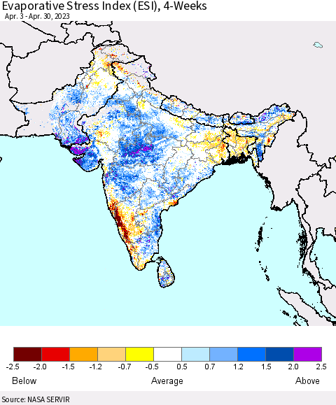Southern Asia Evaporative Stress Index (ESI), 4-Weeks Thematic Map For 4/24/2023 - 4/30/2023