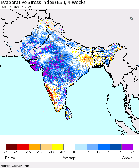 Southern Asia Evaporative Stress Index (ESI), 4-Weeks Thematic Map For 5/8/2023 - 5/14/2023