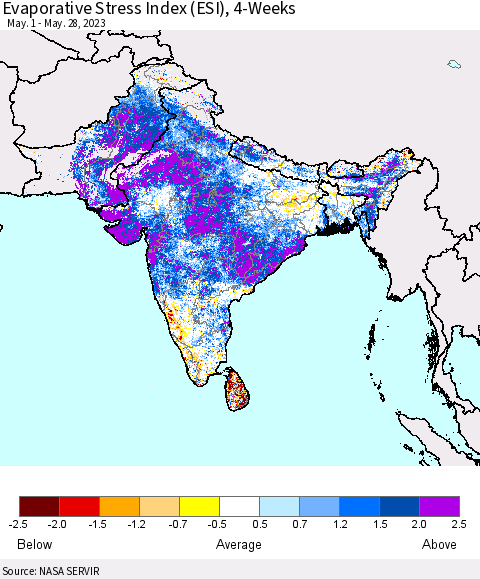 Southern Asia Evaporative Stress Index (ESI), 4-Weeks Thematic Map For 5/22/2023 - 5/28/2023