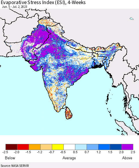 Southern Asia Evaporative Stress Index (ESI), 4-Weeks Thematic Map For 6/26/2023 - 7/2/2023