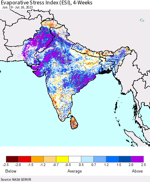 Southern Asia Evaporative Stress Index (ESI), 4-Weeks Thematic Map For 7/10/2023 - 7/16/2023
