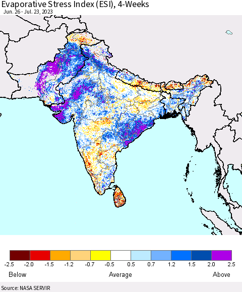 Southern Asia Evaporative Stress Index (ESI), 4-Weeks Thematic Map For 7/17/2023 - 7/23/2023