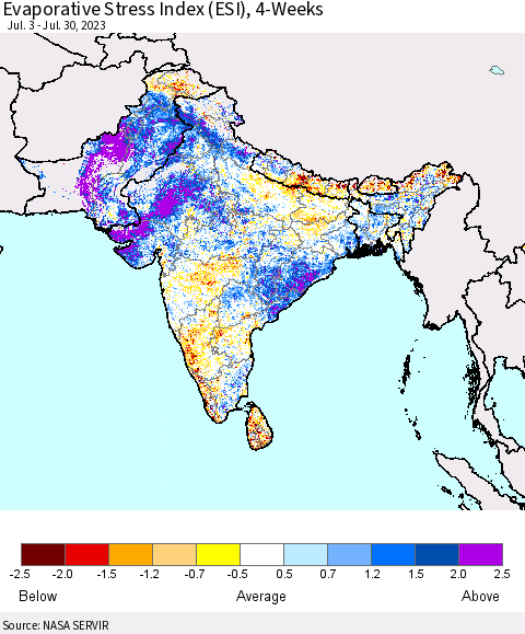Southern Asia Evaporative Stress Index (ESI), 4-Weeks Thematic Map For 7/24/2023 - 7/30/2023