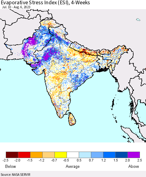 Southern Asia Evaporative Stress Index (ESI), 4-Weeks Thematic Map For 7/31/2023 - 8/6/2023