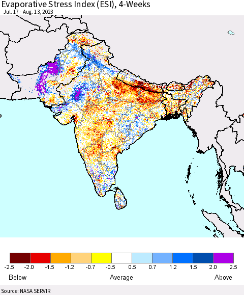 Southern Asia Evaporative Stress Index (ESI), 4-Weeks Thematic Map For 8/7/2023 - 8/13/2023