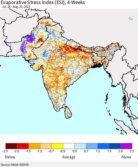 Southern Asia Evaporative Stress Index (ESI), 4-Weeks Thematic Map For 8/14/2023 - 8/20/2023