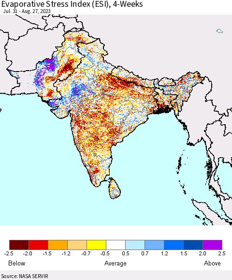 Southern Asia Evaporative Stress Index (ESI), 4-Weeks Thematic Map For 8/21/2023 - 8/27/2023