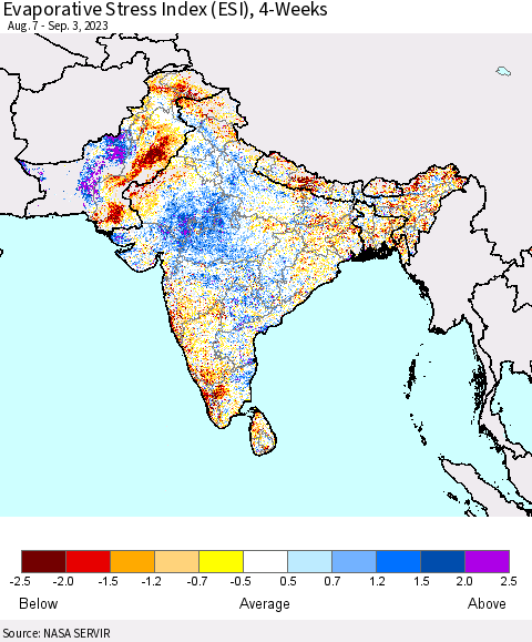Southern Asia Evaporative Stress Index (ESI), 4-Weeks Thematic Map For 8/28/2023 - 9/3/2023