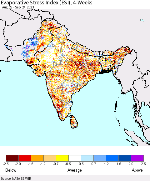 Southern Asia Evaporative Stress Index (ESI), 4-Weeks Thematic Map For 9/18/2023 - 9/24/2023