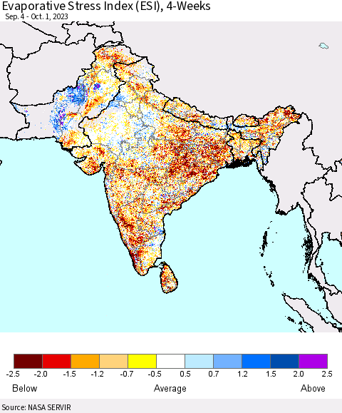Southern Asia Evaporative Stress Index (ESI), 4-Weeks Thematic Map For 9/25/2023 - 10/1/2023