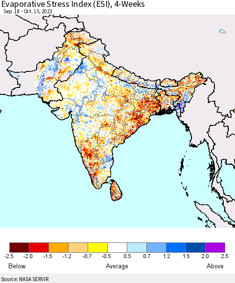 Southern Asia Evaporative Stress Index (ESI), 4-Weeks Thematic Map For 10/9/2023 - 10/15/2023