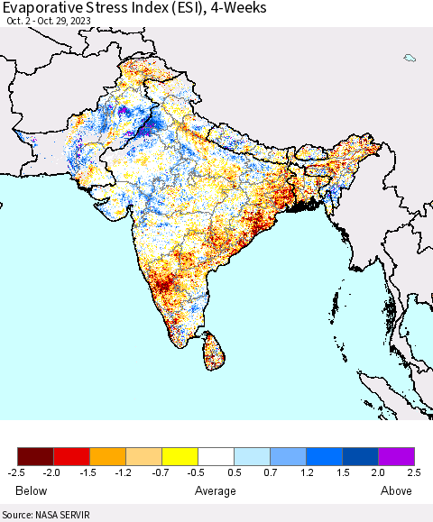 Southern Asia Evaporative Stress Index (ESI), 4-Weeks Thematic Map For 10/23/2023 - 10/29/2023