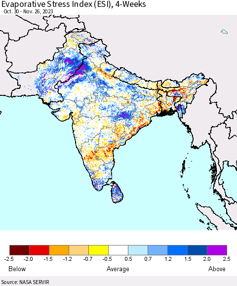 Southern Asia Evaporative Stress Index (ESI), 4-Weeks Thematic Map For 11/20/2023 - 11/26/2023