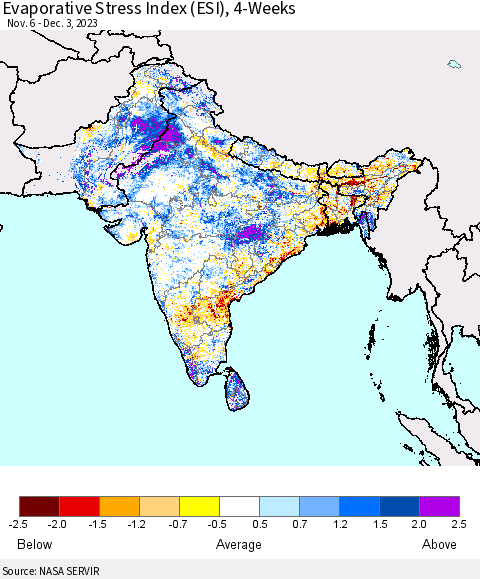 Southern Asia Evaporative Stress Index (ESI), 4-Weeks Thematic Map For 11/27/2023 - 12/3/2023