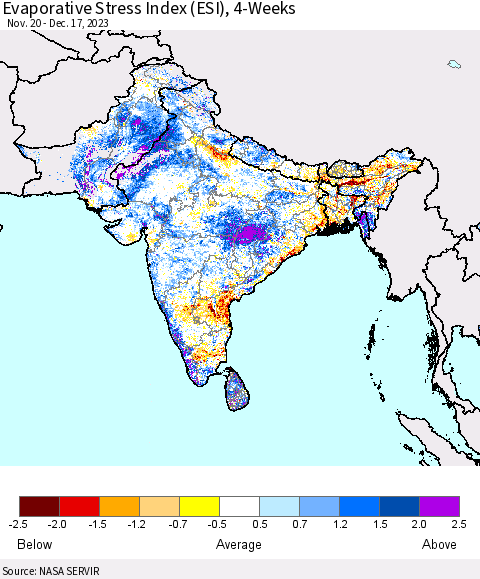 Southern Asia Evaporative Stress Index (ESI), 4-Weeks Thematic Map For 12/11/2023 - 12/17/2023