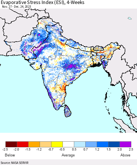 Southern Asia Evaporative Stress Index (ESI), 4-Weeks Thematic Map For 12/18/2023 - 12/24/2023