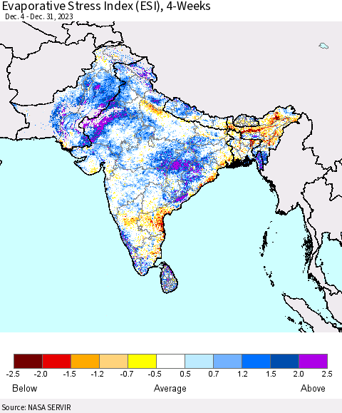 Southern Asia Evaporative Stress Index (ESI), 4-Weeks Thematic Map For 12/25/2023 - 12/31/2023