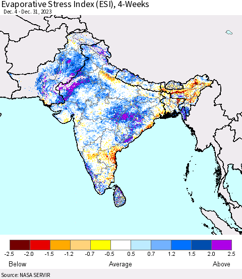 Southern Asia Evaporative Stress Index (ESI), 4-Weeks Thematic Map For 1/1/2024 - 1/7/2024
