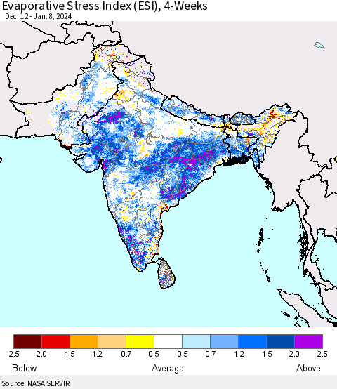 Southern Asia Evaporative Stress Index (ESI), 4-Weeks Thematic Map For 1/8/2024 - 1/14/2024