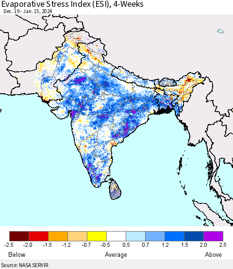 Southern Asia Evaporative Stress Index (ESI), 4-Weeks Thematic Map For 1/15/2024 - 1/21/2024