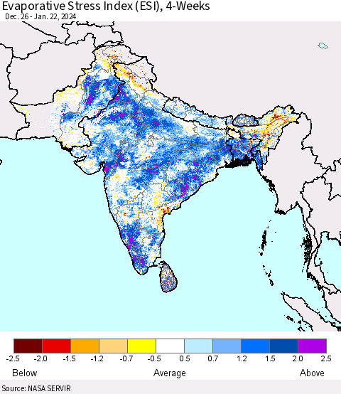 Southern Asia Evaporative Stress Index (ESI), 4-Weeks Thematic Map For 1/22/2024 - 1/28/2024