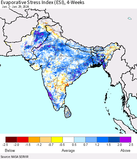 Southern Asia Evaporative Stress Index (ESI), 4-Weeks Thematic Map For 1/29/2024 - 2/4/2024