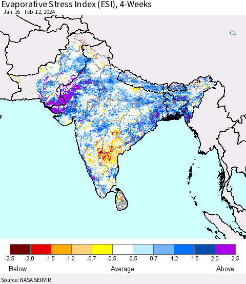 Southern Asia Evaporative Stress Index (ESI), 4-Weeks Thematic Map For 2/12/2024 - 2/18/2024