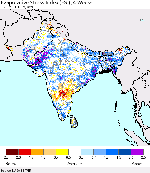 Southern Asia Evaporative Stress Index (ESI), 4-Weeks Thematic Map For 2/19/2024 - 2/25/2024