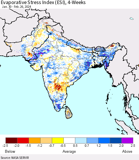 Southern Asia Evaporative Stress Index (ESI), 4-Weeks Thematic Map For 2/26/2024 - 3/3/2024