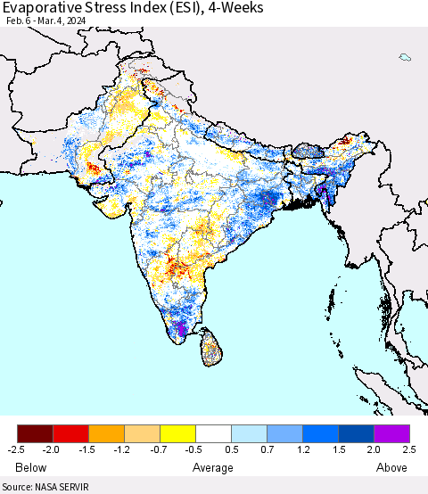 Southern Asia Evaporative Stress Index (ESI), 4-Weeks Thematic Map For 3/4/2024 - 3/10/2024