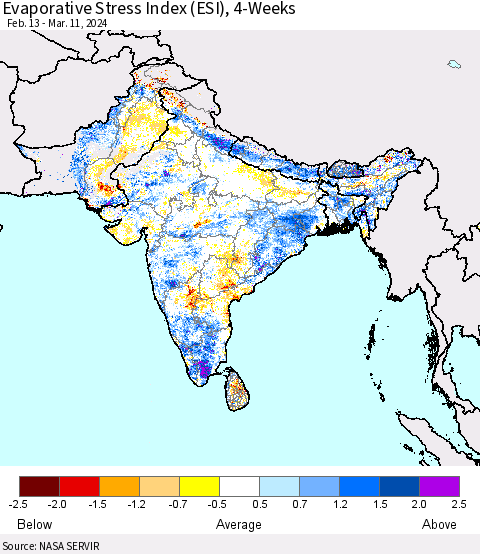 Southern Asia Evaporative Stress Index (ESI), 4-Weeks Thematic Map For 3/11/2024 - 3/17/2024