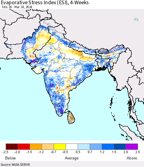 Southern Asia Evaporative Stress Index (ESI), 4-Weeks Thematic Map For 3/18/2024 - 3/24/2024