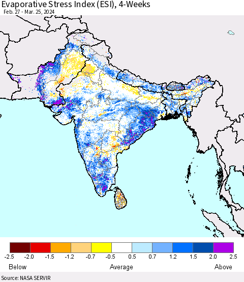 Southern Asia Evaporative Stress Index (ESI), 4-Weeks Thematic Map For 3/25/2024 - 3/31/2024