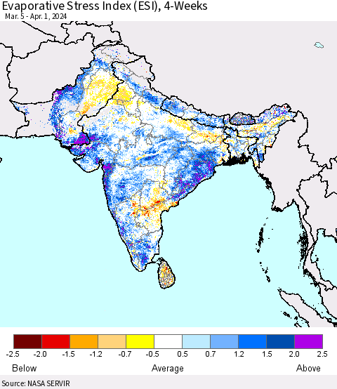 Southern Asia Evaporative Stress Index (ESI), 4-Weeks Thematic Map For 4/1/2024 - 4/7/2024