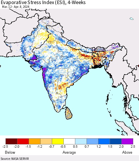 Southern Asia Evaporative Stress Index (ESI), 4-Weeks Thematic Map For 4/8/2024 - 4/14/2024