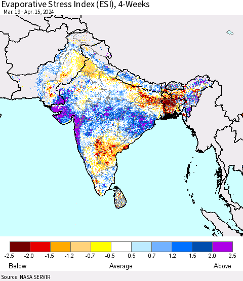 Southern Asia Evaporative Stress Index (ESI), 4-Weeks Thematic Map For 4/15/2024 - 4/21/2024