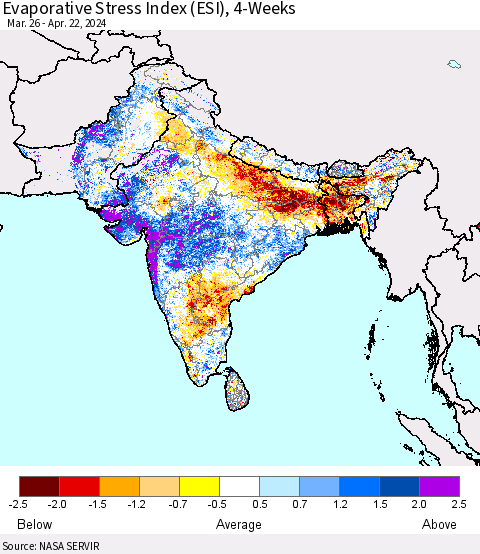 Southern Asia Evaporative Stress Index (ESI), 4-Weeks Thematic Map For 4/22/2024 - 4/28/2024