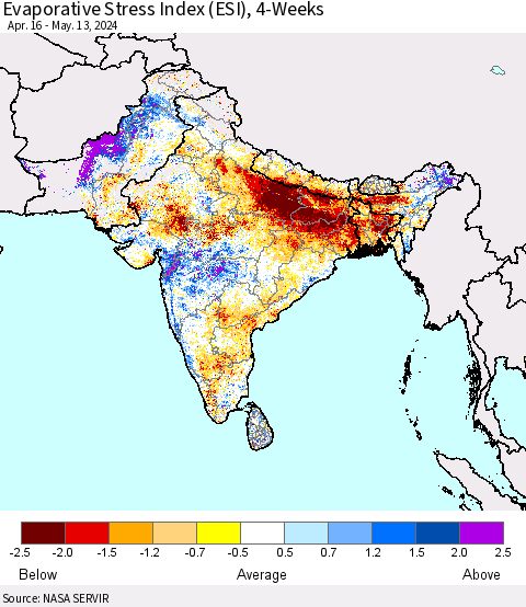 Southern Asia Evaporative Stress Index (ESI), 4-Weeks Thematic Map For 5/13/2024 - 5/19/2024