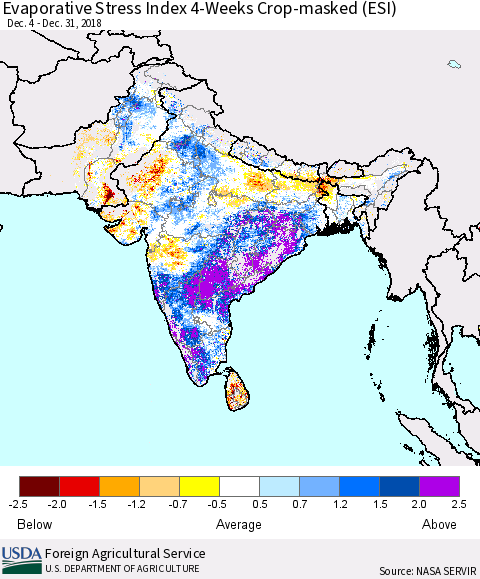 Southern Asia Evaporative Stress Index (ESI), 4-Weeks over Croplands Thematic Map For 12/31/2018 - 1/6/2019