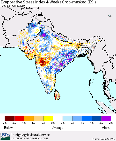 Southern Asia Evaporative Stress Index (ESI), 4-Weeks over Croplands Thematic Map For 1/7/2019 - 1/13/2019